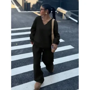 2pcs Women Oversized V-Neck Fluffy Fleece Elastic Loose Sweatshirt And Sweatpants Set, Casual For Autumn/Winter,B2 Tops Clothes