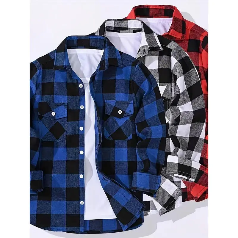 3pcsMen'SPlaidShirtSet,LongSleeveCasualButton-DownwithLapelCollarandChestPockets,Polyester100%,Non-StretchWovenFabric,RegularFitforSpring/Fall-Red,Blue&BlackComboPackBlouses & Shirts