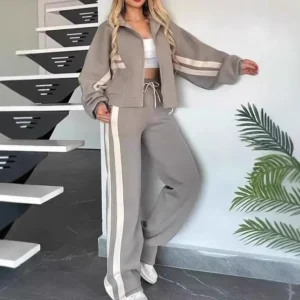 2025 Autumn and Winter Women's Fashion Striped Zipper Top Jacket Casual Sports Suit