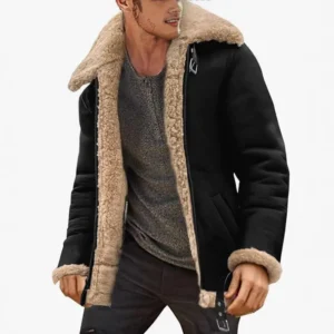 Mens Bomber Jacket Vintage Faux Fur Coat Sherpa Lined Heavyweight Shearing Coat Faux Leather Jackets Trench Coat