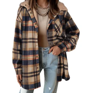 Women's Flannel Hooded Plaid  Shacket Thick Coat Winter Coat for Warmth Button down Warm and Fuzzy Fleece Jacket
