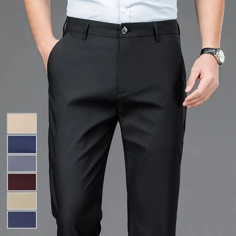 Male Pants Stretch Solid Black Casual Men's Trousers Office Quick Dry Suit Pants New Spring Autumn Korean Straight Pants Full Length Menswear(Raincoats)