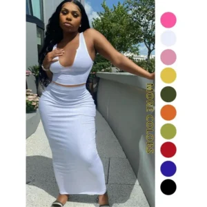 Two-Piece Set?Women's Solid Notched Neck Crop Tank Top & High Waist Bodycon Skirt Set,?Back To School Outfits, Casual Sleeveless Top & Long Skirt, Ladies Summer Clothes for Daily Wear
