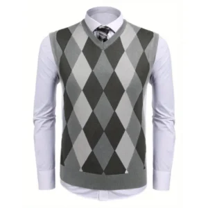 [ArgyleSweaterVest]SlimFitArgyleSweaterVest-Men'sSleevelessVNeckPulloverSweater-CasualKnitwearClothingBlouses & Shirts