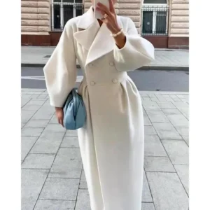 European and American Autumn and Winter New Vintage Court Style Lantern Sleeve Large Lapel Woolen Coat Long-Cut Coat Womenswear Jackets