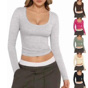 Womens Scoop Neck Long Sleeve Shirts Slim Fitted Sexy Crop Tops