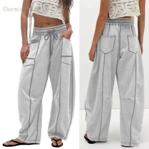 Womens Baggy Barrel Pants Wide Leg Lounge Drawstring Sweatpants with Pockets Womenswear Bottom[CZ] Trouser Wideleg Casual Adjustable