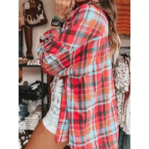 Casual Plaid Flannel Shirt Women - 100% Polyester, Classic Lapel Collar, Long Shirt Sleeves, Woven Button-Down with Front Pocket, Regular Length - Versatile All-Season Top Blouses Womenswear Fitted