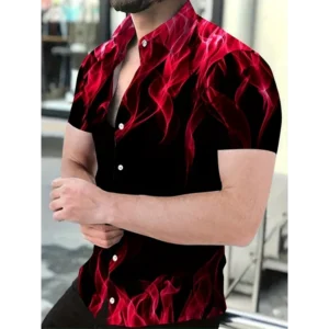 Men's Summer Casual Short-Sleeve Shirt with Gradient Print - Slim Fit, Button-Up, Machine Washable Top Red Menswear Polyester