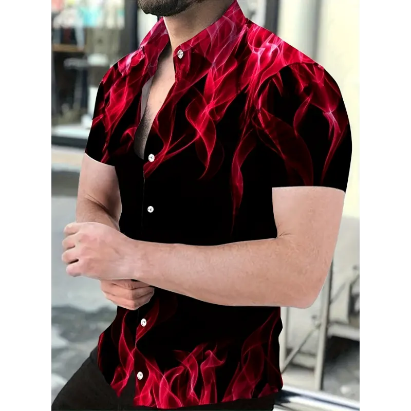 Men's Summer Casual Short-Sleeve Shirt with Gradient Print - Slim Fit, Button-Up, Machine Washable Top Red Menswear Polyester