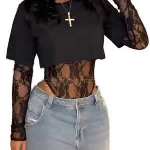 Lace Bodysuit T Shirt 2 Piece Set - Black Crop Top with Lace Sleeves for Women's Fashion Womenswear