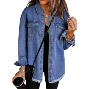 Women’s Oversized Button Up Frayed Hem Shacket Long Sleeve Pockets Denim Jean Jacket