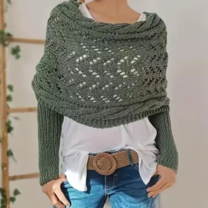 Stretchy Soft Fall Warm Knitted Women's Sleeveless Sheer Shoulder Wrap Cardigan with Openwork Design