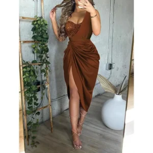 Solid Color Slit Long Skirt Ruched One Shoulder Elegant Dresses for Women Evening Formal Piece Suit Womenswear Style Polyester Chic Casual Fabric Workwear Outfit Basic Minimalist