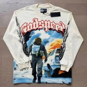 American High Street Hip-hop Men Women Godspeed T Shirts Fashion Loose Casual Round Neck Long Sleeve GOD SPEED Brand Casual Tees(Raincoats)