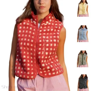 Boho tops for women   Checkered Sherpa Vest Sleeveless Fleece Jacket High Neck Zip Up Plaid Gilet with Chest Pocket Casual Piece running vest