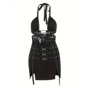 Women's Sexy Backless Bodycon Dress, New Style Halter Mini Dress With Cut-Out Lace Detail And Silver Studs, Vacation Beachwear Casual Womenswear