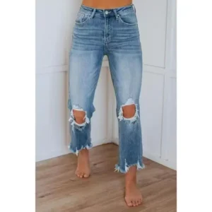 Women's Jeans - Vintage Black Crop Fit High Waisted Ripped Casual Fashion Denim