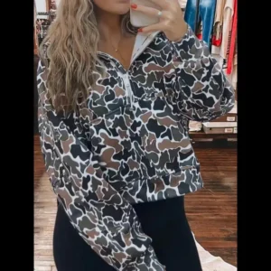 Stay Cozy in Style with our Half Zip-Up Print Sweatshirt camo - Shop! No. 217 Casual Hoodie