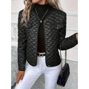 Solid Color Long Sleeve Turn-Down Collar Quilted Jacket Womenswear Coats Fashion Casual Outerwear Black