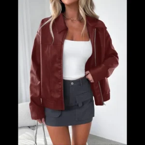Women's Solid Drop Shoulder Zip Up PU Faux Leather Jacket, Casual Long Sleeve Collared Outerwear for Fall & Winter, Ladies Clothes Winter Jacket for Daily Wear