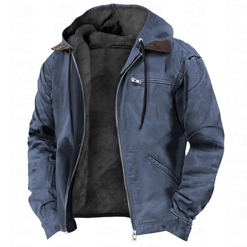 Solid Color Hooded Cotton Jacket Casual Men's Fleece Lined Zipper Pocket Jacket Coat Long Menswear(Raincoats)