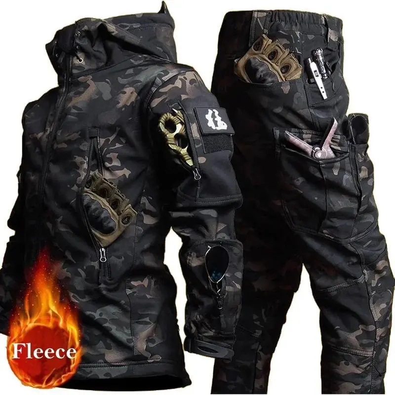 New Men's Winter Jacket Tactical Sets FleecedWindproof Waterproof Padding Suits Uniform Pockets Camo