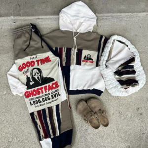 Ghost Face Patchwork Couple Hoodie & Jogger Set - Oversized Halloween Outfit for Matching Couples - Eco-Friendly Vintage Streetwear - Soft Fleece Interior & Elastic Waistband Joggers - Perfect for Spooky Date Nights