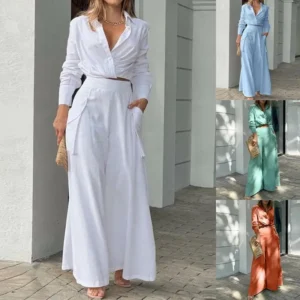 2025 European and American Women's Clothing Casual Solid Color Short Long Sleeve Shirt High Waist Wide Leg Pants Suit Women's Two-Piece Set Womenswear Comfort Gamis Basic White Minimalist
