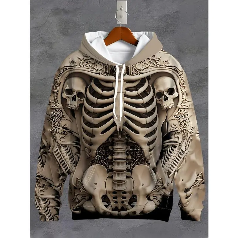 Men'S 3D Skeleton Print Long Sleeve Hoodie with Drawstring Pocket, Casual Polyester Knit Fabric Hooded Jacket, Regular Fit Fall/Winter Top, 210gsm Slight Stretch