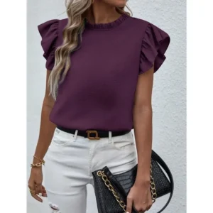 Solid Color Ruffle Collar Short Sleeve Elegant Blouse for Women Top Fit Shirts Casual Womenswear Cap Comfort Fabric Basic Minimalist Purple