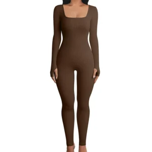 WomenYogaJumpsuitsWorkoutRibbedLongSleeveSportJumpsuitBlouses & Shirts