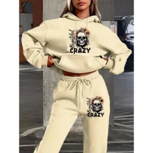 2024 New Autumn/Winter Fashion Women's Polyester Knit Hoodie and Pants Set with Drawstring Hood, Geometric Skull Letter Print, Pocket Detail, Casual Sweatshirt