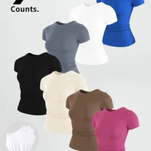 Women's Solid Color Round Neck Sports Tee, High Stretch Sporty Comfortable Breathable Crew Neck Short Sleeve T-shirt for Gym Workout, Ladies Sportswear for Summer(Raincoats)