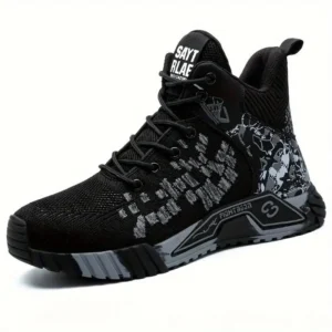 High-Top Safety Work Shoes with Steel Toe Cap - Puncture-Resistant Kevlar Midsole, Breathable Fabric Upper, Durable Rubber Outsole - Slip-Resistant, Comfortable All-Season Footwear for Construction & Industrial Use, Black with Graffiti Accents(Raincoats)