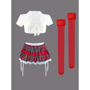 Preppy Plaid Print Cosplay Costume Set: Tie Front Top & Mini Skirt with Garter Belt Stockings Womenswear