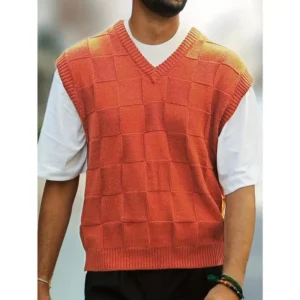 [CheckeredPullover,SpringFashion]OrangeandWhiteCheckeredPlusSizeMen'sSleevelessV-NeckKnitSweaterVest-CasualStreetwearStyle,AcrylicBlend,PerfectforSpring/FallBlouses & Shirts