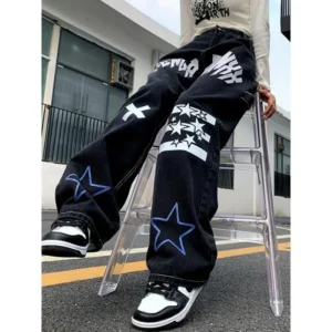 Black Star Letter Cargo Jeans - Ultra-Loose & Trendy - Wide Leg Baggy Denim Pants for Women - Punk Street Style