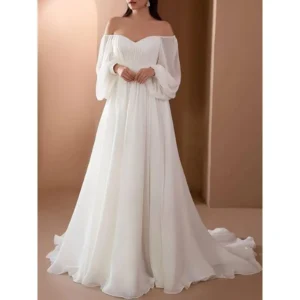 Elegant White Wedding Dress for Women - Off the Shoulder Lantern Sleeve A-Line Gown with Asymmetrical Hem, Long Flowy Tail, Solid Color Fabric Collar Targeted Women's Casual Dresses
