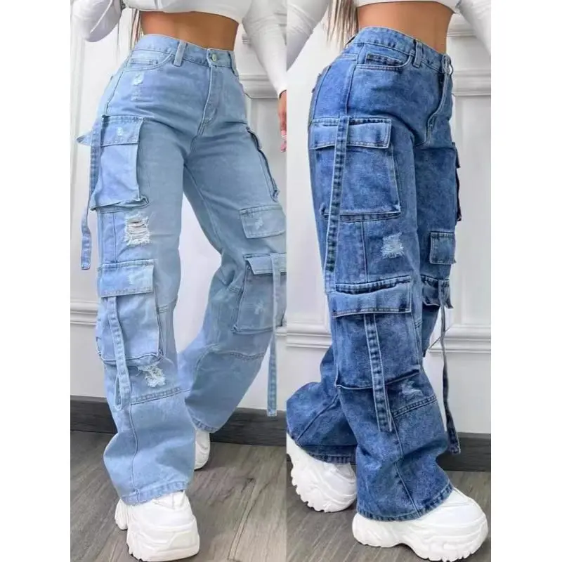 2025 New Fashionable Solid Color All-Matching plus Size High Waist Multi-Pocket Leisure Cargo Denim Trousers for Women Pants Jean Womenswear Bottom jean