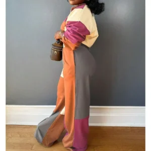 Casual Patchwork Women's Two-Piece Set Long Sleeve Zipper Pullover Straight Drawstring Pants（gift）