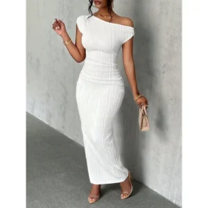 dress summer Elegant Off-Shoulder Ruched Bodycon Long Dress in White - Summer Polyester & Spandex Knit, Medium Elasticity, Smooth Finish, Versatile Various  Sophisticated Style Blend
