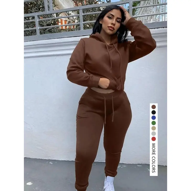 Women's Solid Kangaroo Pocket Hoodie & Sweatpants Set, Casual Long Sleeve Hooded Sweatshirt & Skinny Jogger Pants, Women's Fall & Winter Clothes for Daily Wear