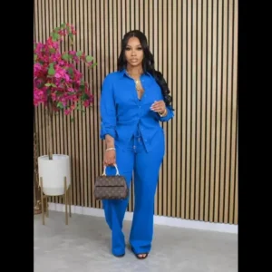 You should be happy. jacket Solid Color Casual Pantsuits, Button Front Long Sleeve Shirt & Drawstring Elastic Waist Pants Outfits, Women's Clothing Womenswear Basic Classic Sets Blue