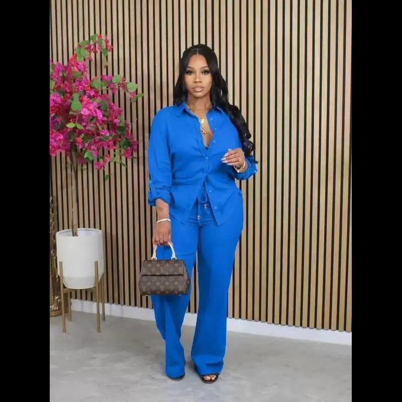 You should be happy. jacket Solid Color Casual Pantsuits, Button Front Long Sleeve Shirt & Drawstring Elastic Waist Pants Outfits, Women's Clothing Womenswear Basic Classic Sets Blue