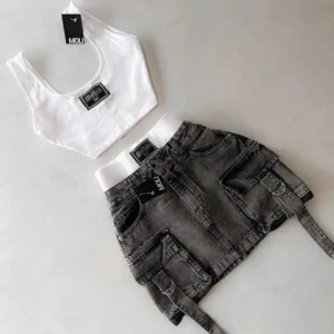 matching sets women 2 peice new fashion straps casual multiple pockets denim skirt sets goth womens versatile strap streetwear  Womenswear Clothes Jeans