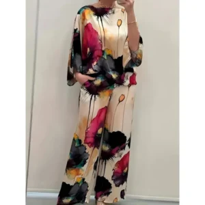Women's Elegant Floral Print Satin Two-Piece Set: Round Neck Top and Wide Leg Pants Clothes Suits
