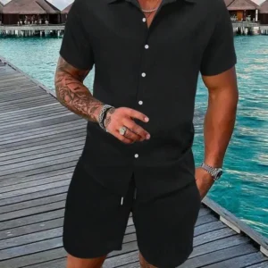 Two-PieceSetMen'sRegularFitSolidTexturedShortSleeveShirt&Shorts,CasualSummerSetforMen,MensClothesforBeachVacationBlouses & Shirts
