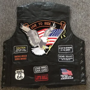 Men's PU Leather Biker Vest |   Plus Size (S-5XL) |   PU Leather |   Sleeveless Motorcycle Jacket for Concealed Carry & Riding |   Patriotic Biker Vest |   USA Flag Design with 14 Patriotic Patches