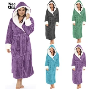 Cozy Womens Hooded Fleece Robes, Soft Long Bathrobe Fluffy Warm Loungewear S-5XL
